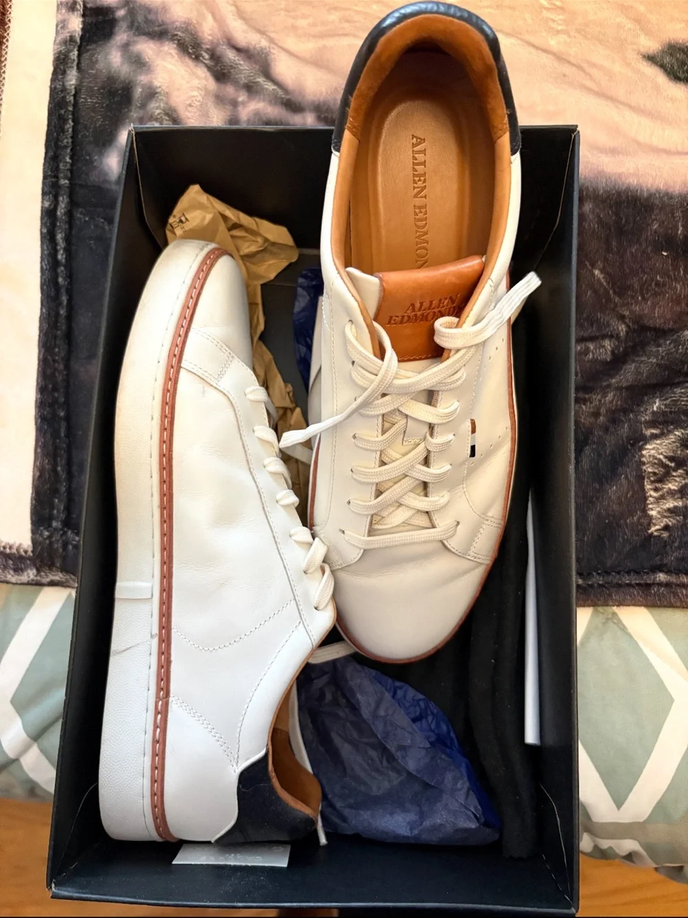 Allen Edmonds Men's White Leather Sneakers with Tan Accents